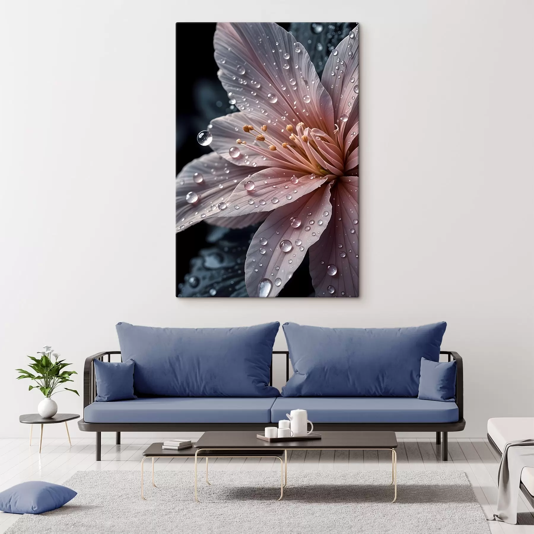 Fototapete Nahaufnahme einer rosafarbenen Blume mit zarten Blütenblättern, die mit Wassertropfen bedeckt sind, vor einem dunklen Hintergrund s42237