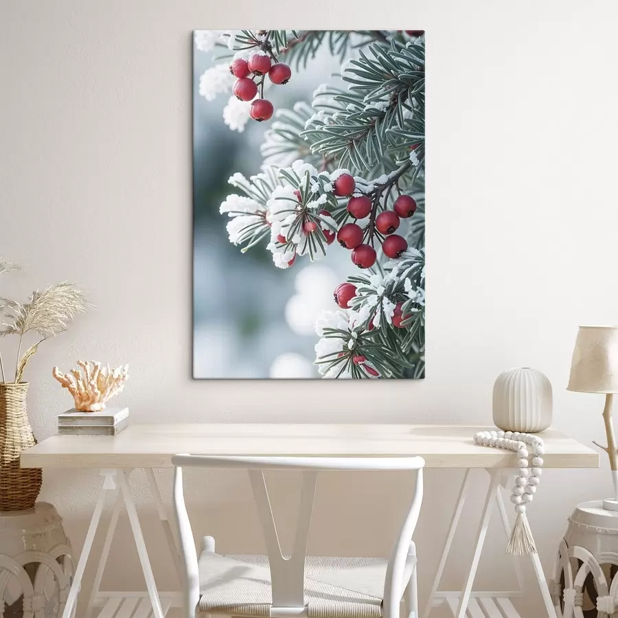 Wandbilder Verschneiter Tannenzweig mit roten Beeren, Winterszene s42238