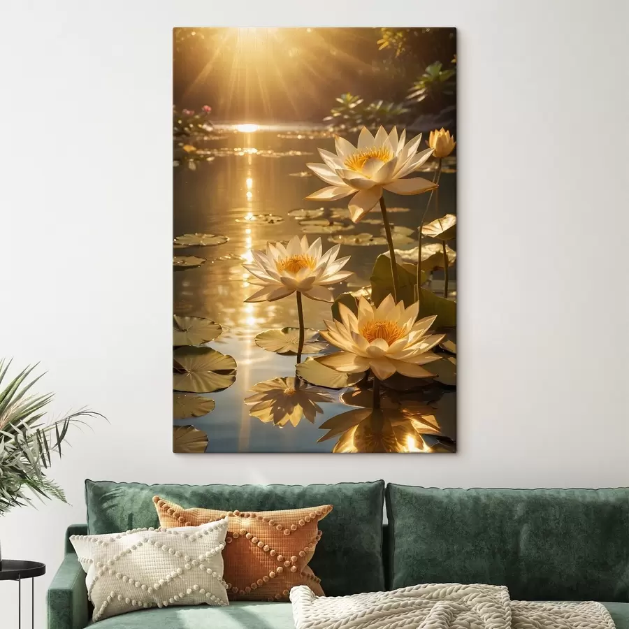 Wandbilder Weiße Lotusblumen, die mit der Sonne auf einem ruhigen Teich schwimmen und eine heitere und ruhige Atmosphäre schaffen s42239