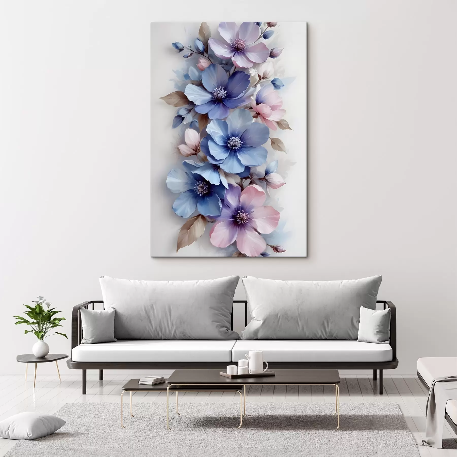 Wandbilder Zarte blaue und rosafarbene Blumen mit zarten Blütenblättern und Zentren, arrangiert in einem schönen Blumendruck auf einem hellen Hintergrund s42241