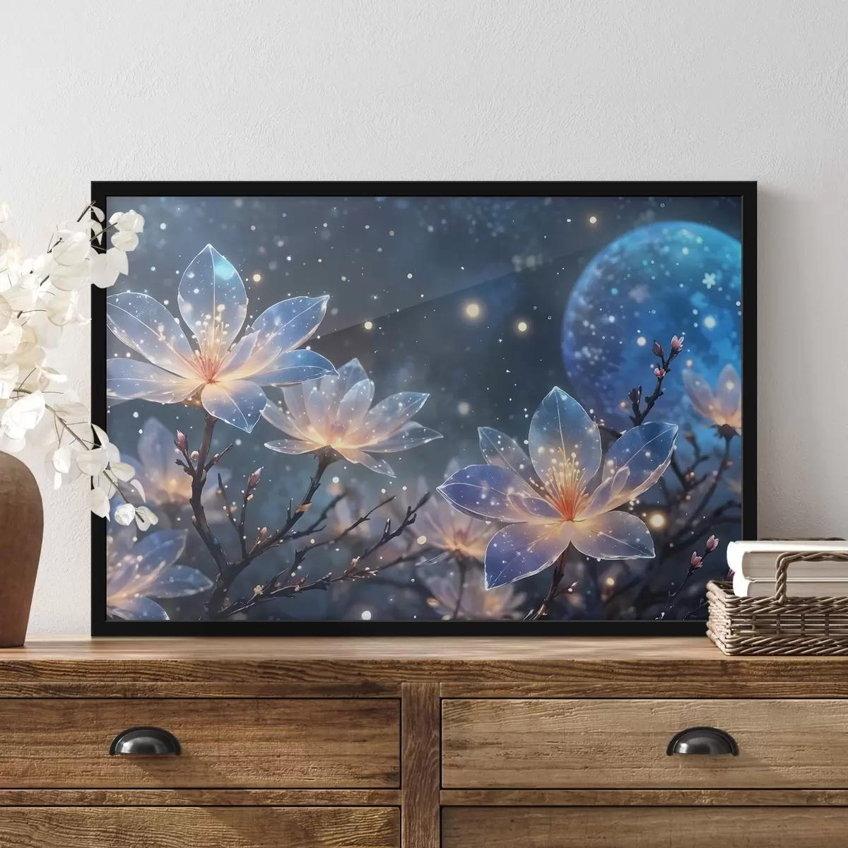 Poster Abstrakte Fantasie Blumen auf Zweigen mit strukturierten Blütenblättern mit Sternen und einem Mond in einem Nachthimmel Hintergrund f42211