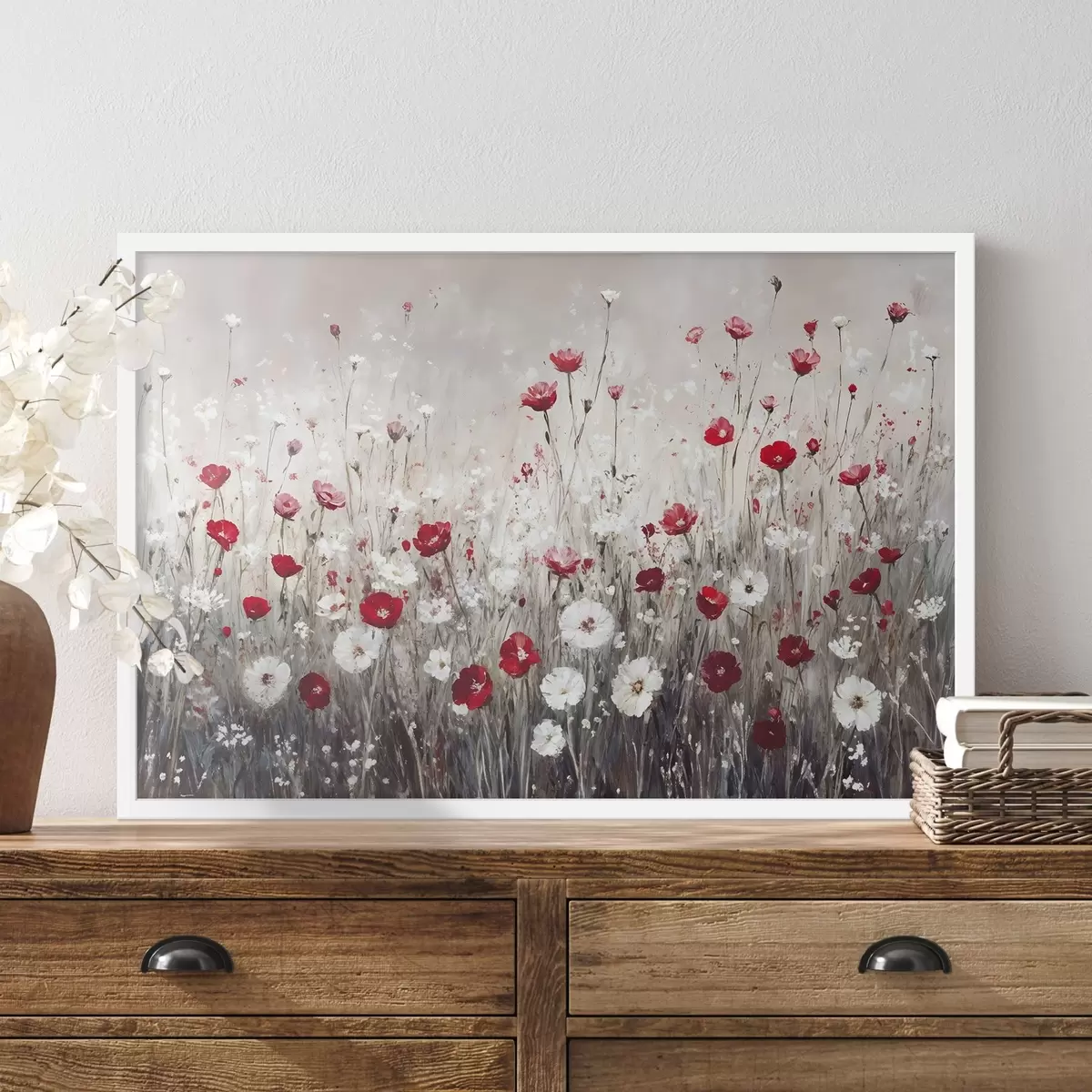 Poster Abstrakte Nachahmung der Ölmalerei ein Feld von roten und weißen Mohnblumen und Gänseblümchen vor einem grauen strukturierten Hintergrund f42213