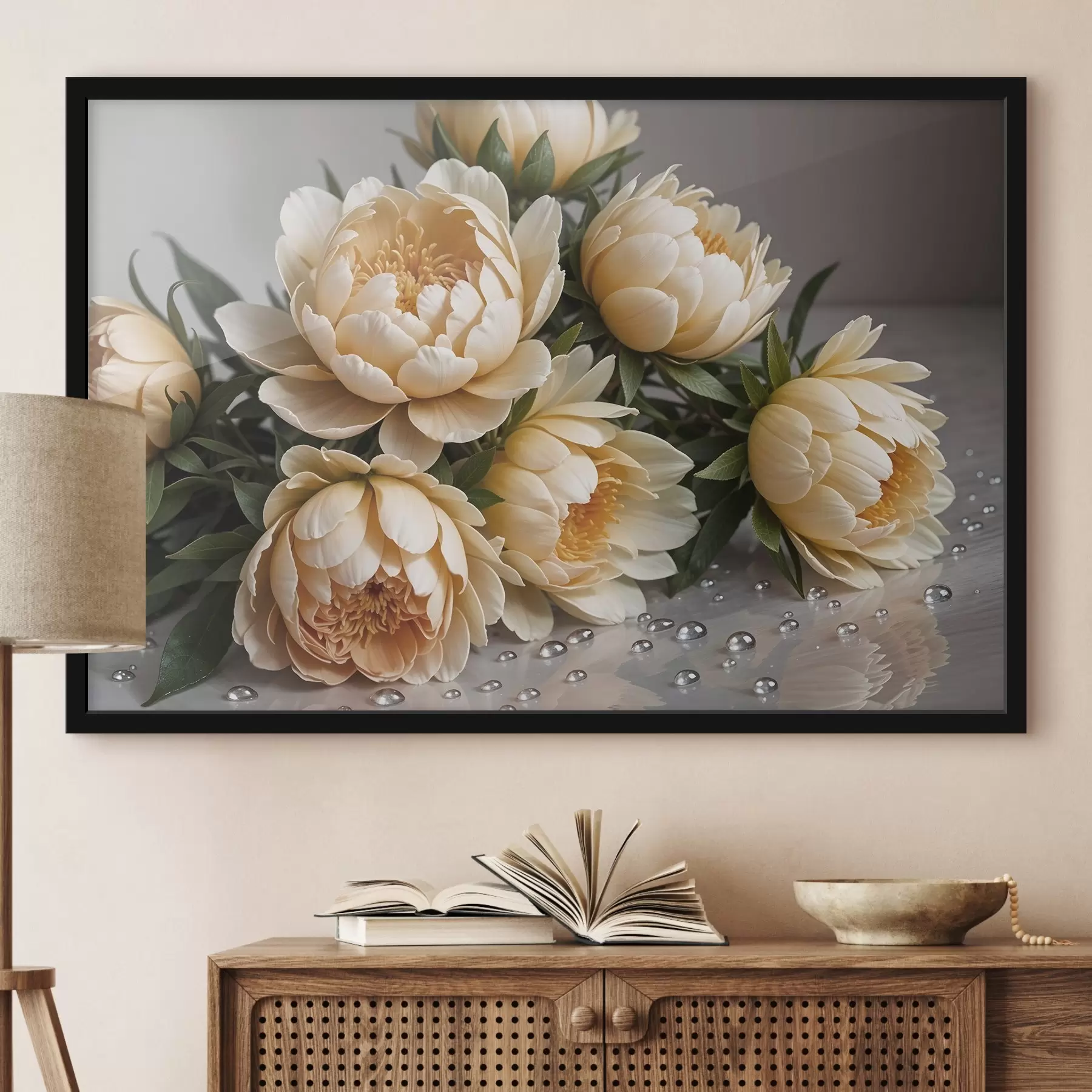 Fototapete Cremefarbene detaillierte Pfingstrose Blumen mit dunkelgrünen Blättern auf einem grauen Hintergrund f42215