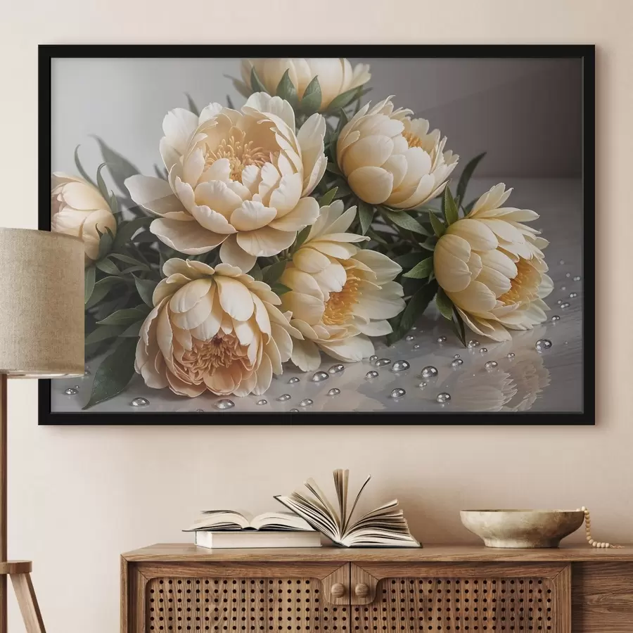 Fototapete Cremefarbene detaillierte Pfingstrose Blumen mit dunkelgrünen Blättern auf einem grauen Hintergrund f42215