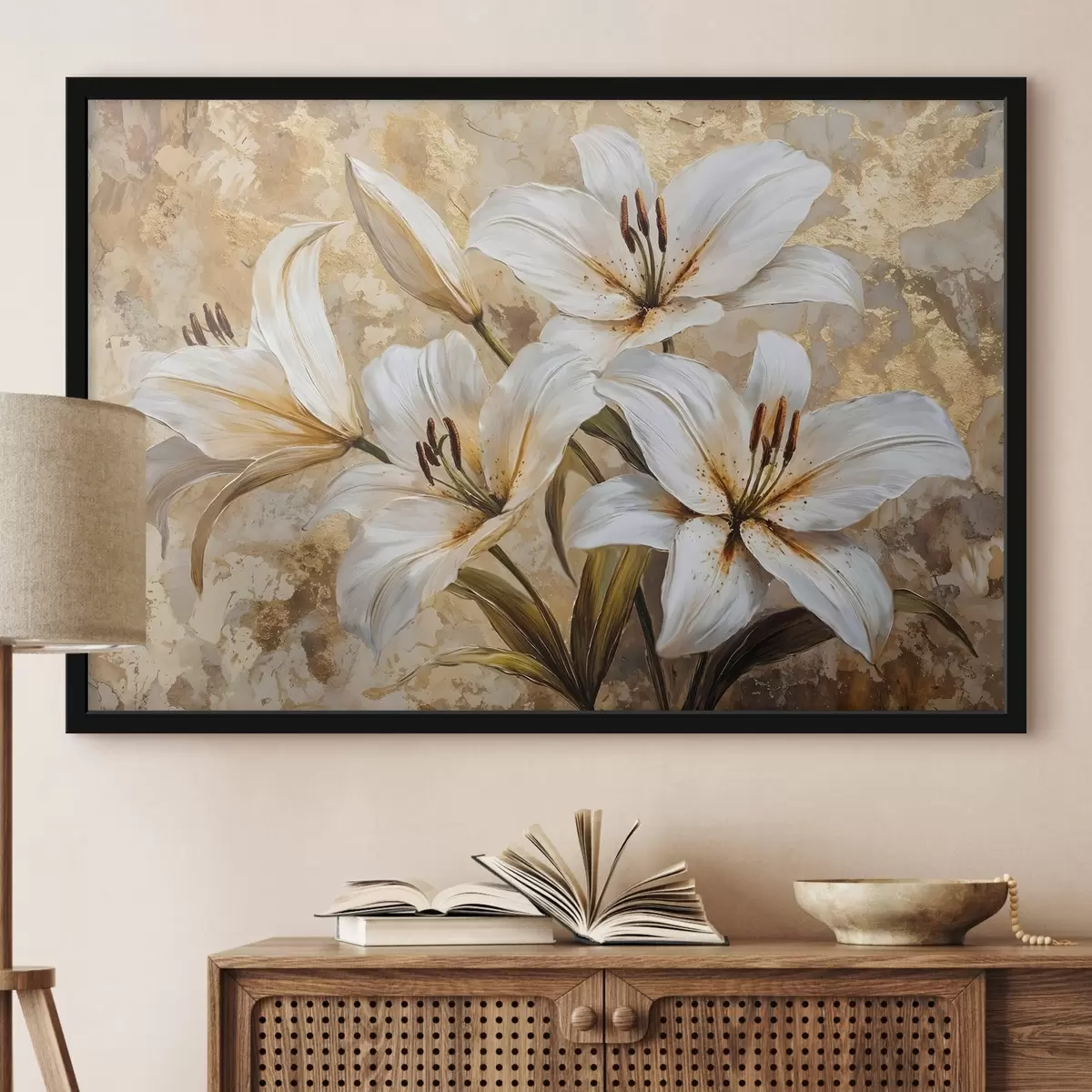 Poster Weiße Lilien mit gelber Mitte vor einem strukturierten beigen Hintergrund f42216