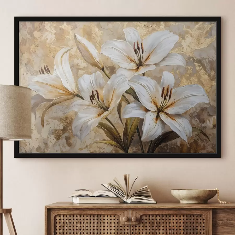 Fototapete Weiße Lilien mit gelber Mitte vor einem strukturierten beigen Hintergrund f42216