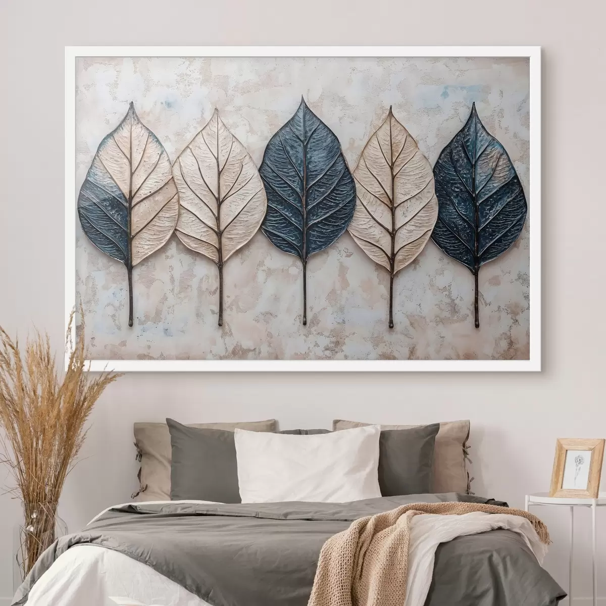 Poster Verschiedene abstrakte Herbstblätter in verschiedenen Braun-, Beige- und Blautönen, die in einer Reihe auf einem hellen Hintergrund angeordnet sind f42217