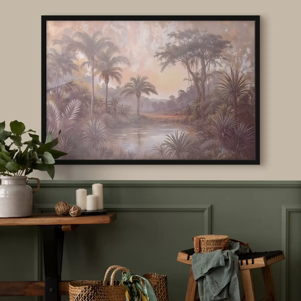 Poster Eine tropisch strukturierte Landschaft mit einem ruhigen See, umgeben von üppigen Palmen und anderem Laub f42219