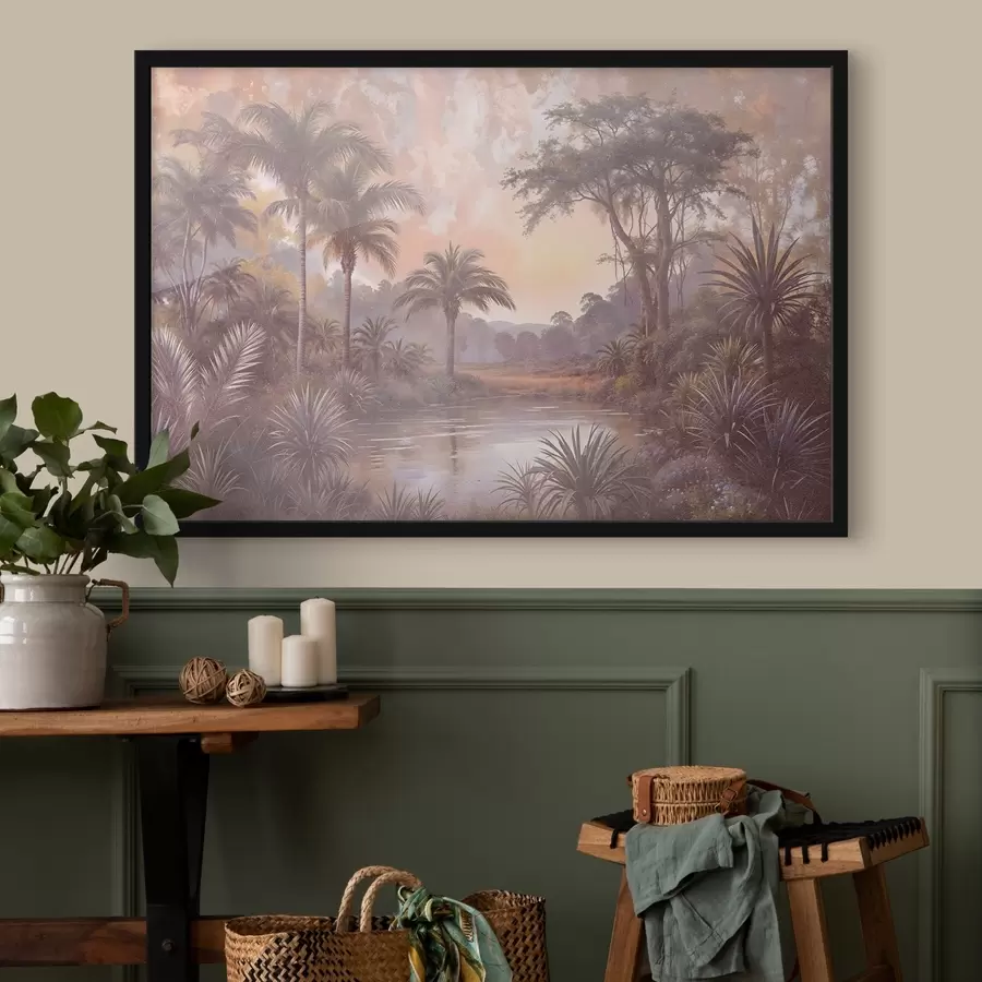 Fototapete Eine tropisch strukturierte Landschaft mit einem ruhigen See, umgeben von üppigen Palmen und anderem Laub f42219