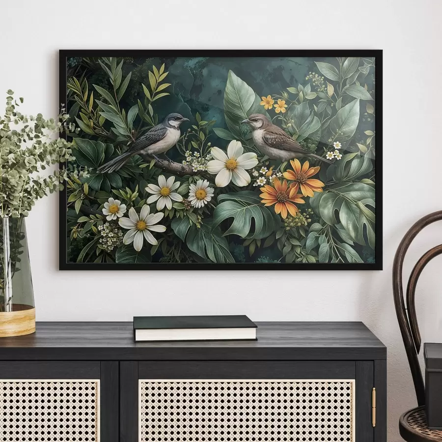 Fototapete Kleine Vögel sitzen auf Zweigen, umgeben von üppigem tropischen Laub, darunter große grüne Blätter und bunte Blumen f42220