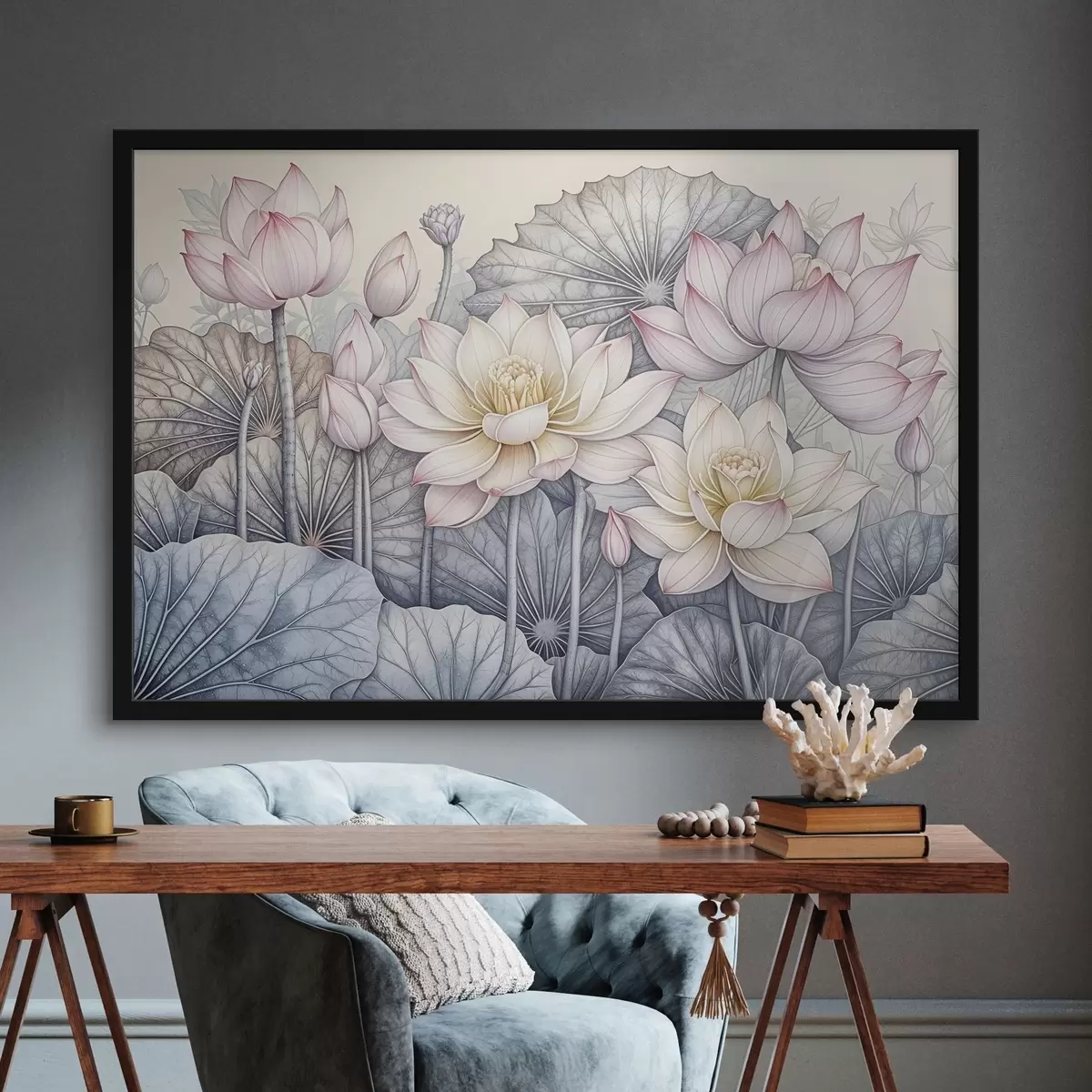 Poster Große rosa und weiße Lotusblumen mit grünen Blättern und Stängeln auf einem hellen Hintergrund mit detaillierten Blütenblättern und Zentren f42221