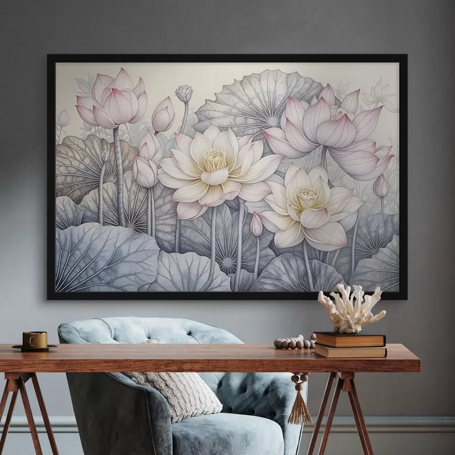 Fototapete Große rosa und weiße Lotusblumen mit grünen Blättern und Stängeln auf einem hellen Hintergrund mit detaillierten Blütenblättern und Zentren f42221