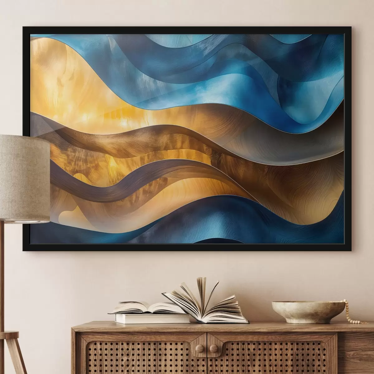 Poster Abstrakte moderne Kunst wellenförmige Formen in Schattierungen von Blau, Orange und Braun f42224