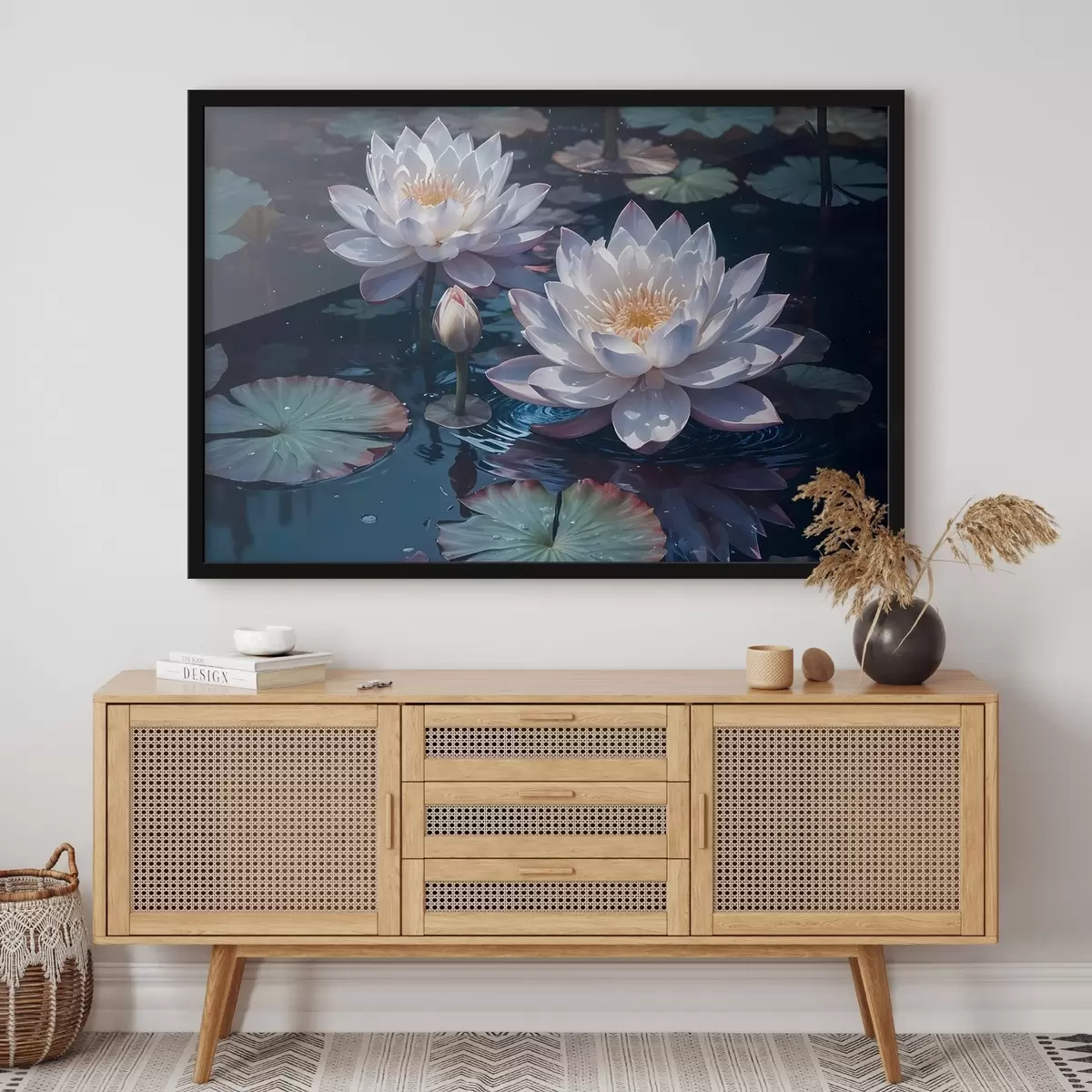 Poster Weiße Lotosblüten schwimmen auf einem ruhigen Teich mit Seerosenblättern f42225