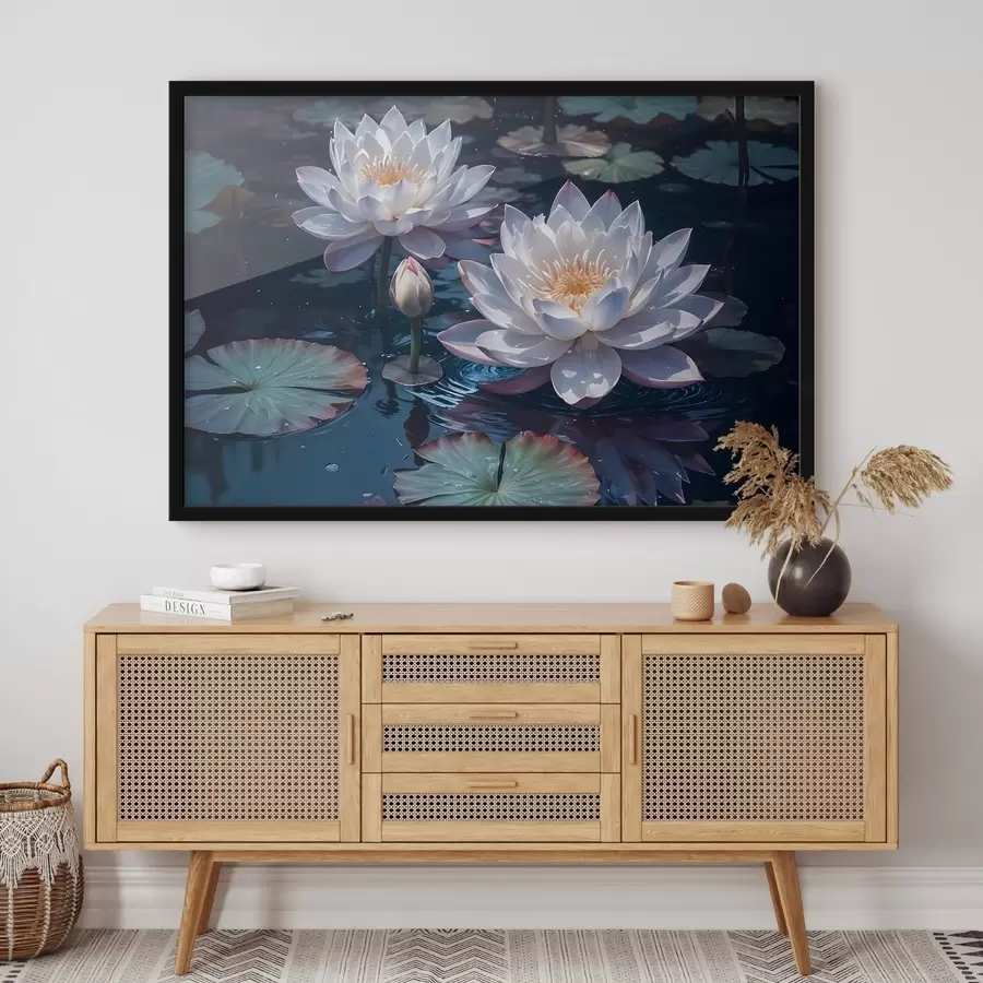 Fototapete Weiße Lotosblüten schwimmen auf einem ruhigen Teich mit Seerosenblättern f42225