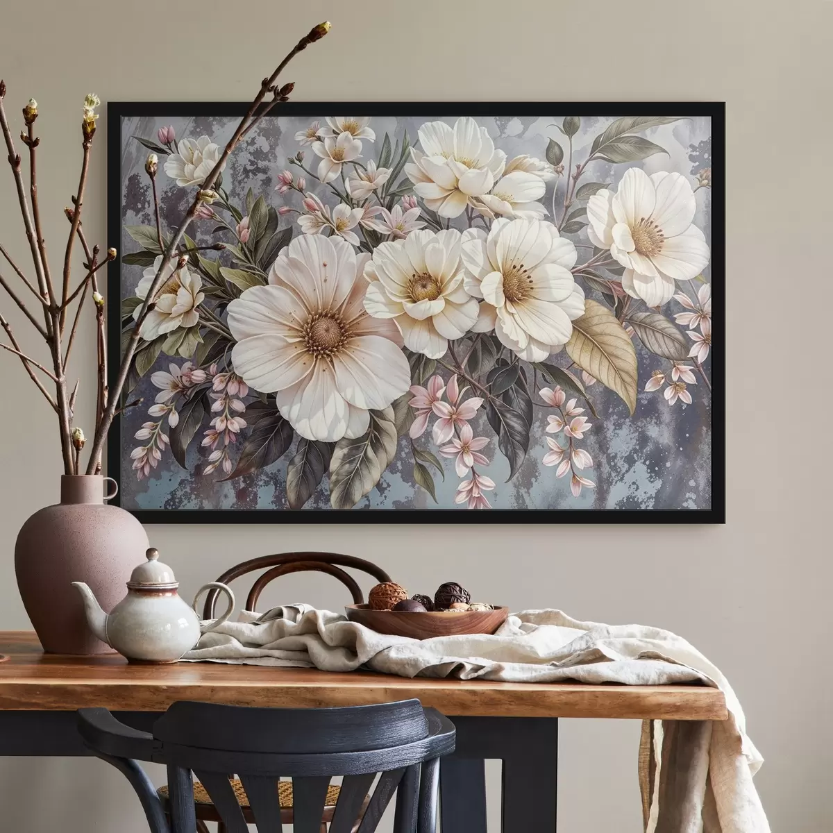 Poster Ein lebhafter Strauß großer, detaillierter weißer und rosafarbener Dahlienblüten mit grünen Blättern vor dunklem Hintergrund f42227