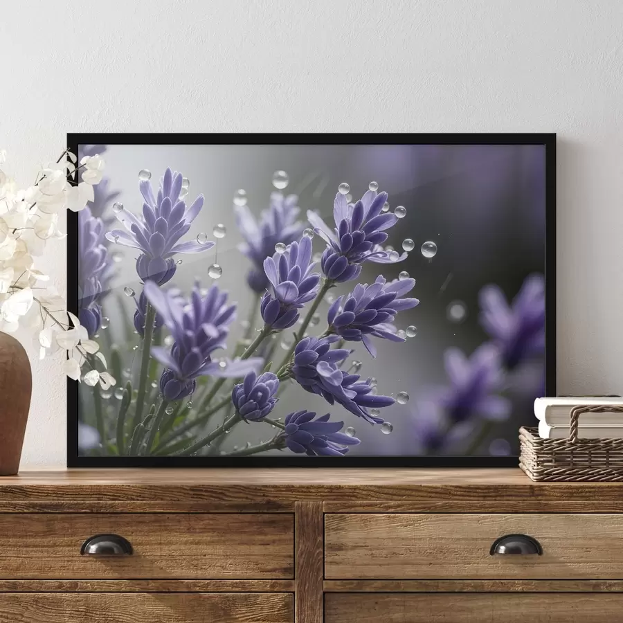 Fototapete Lila Lavendelblüten mit Wassertropfen auf den Blütenblättern, vor einem unscharfen Hintergrund f42229