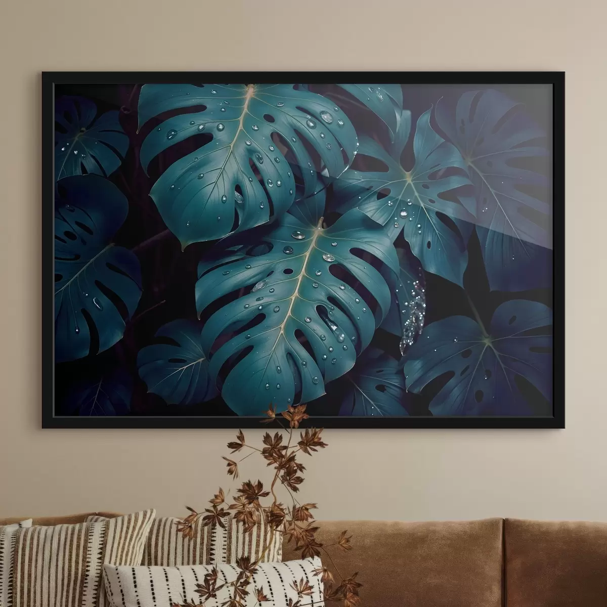 Poster Üppige tropische Monstera-Blätter mit Wassertropfen vor dunklem Hintergrund, ein stimmungsvoller Druck f42233