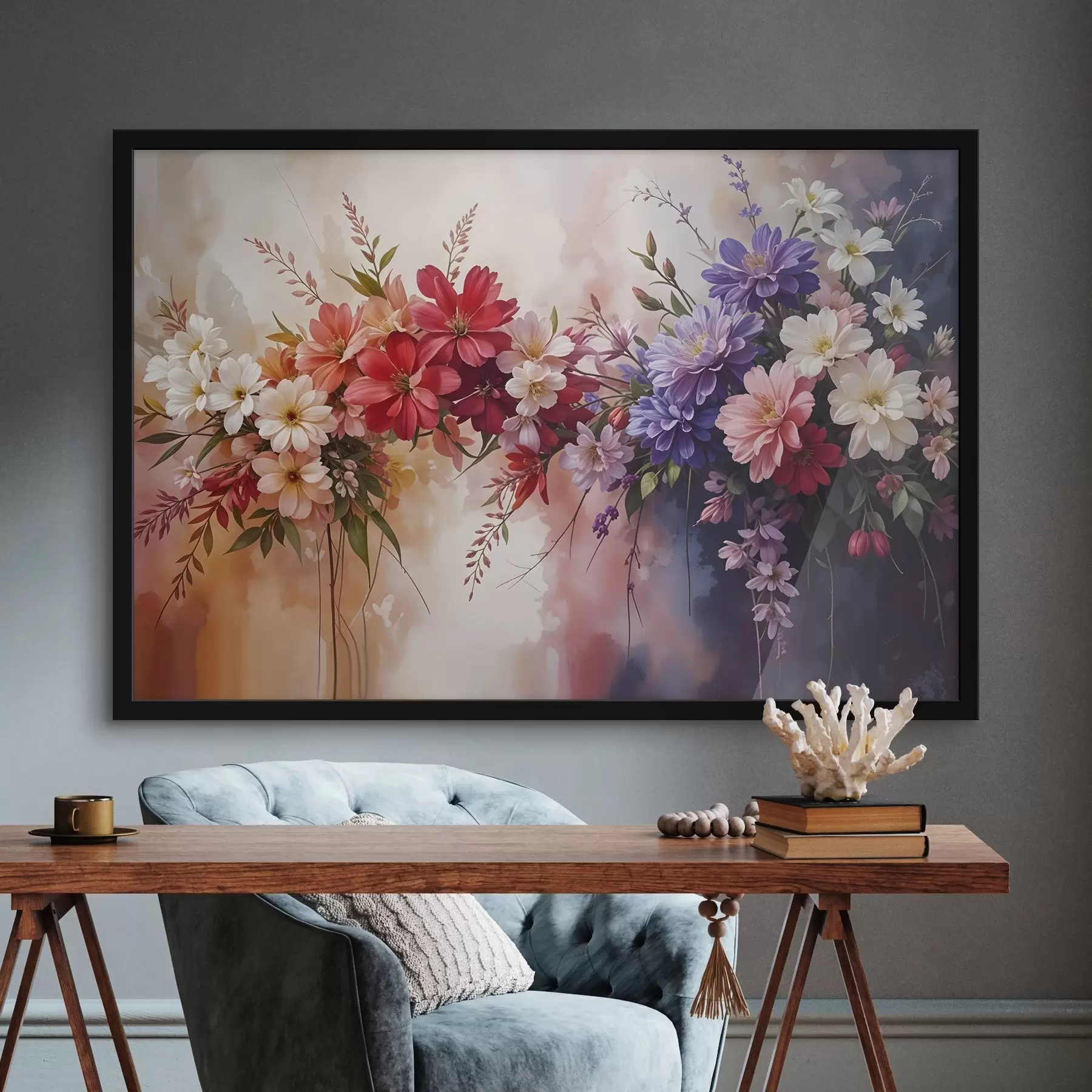 Fototapete Bunte Blumen, darunter rote, rosa und lila Dahlien, Gänseblümchen und andere Blüten vor einem weichen, unscharfen Hintergrund f42234