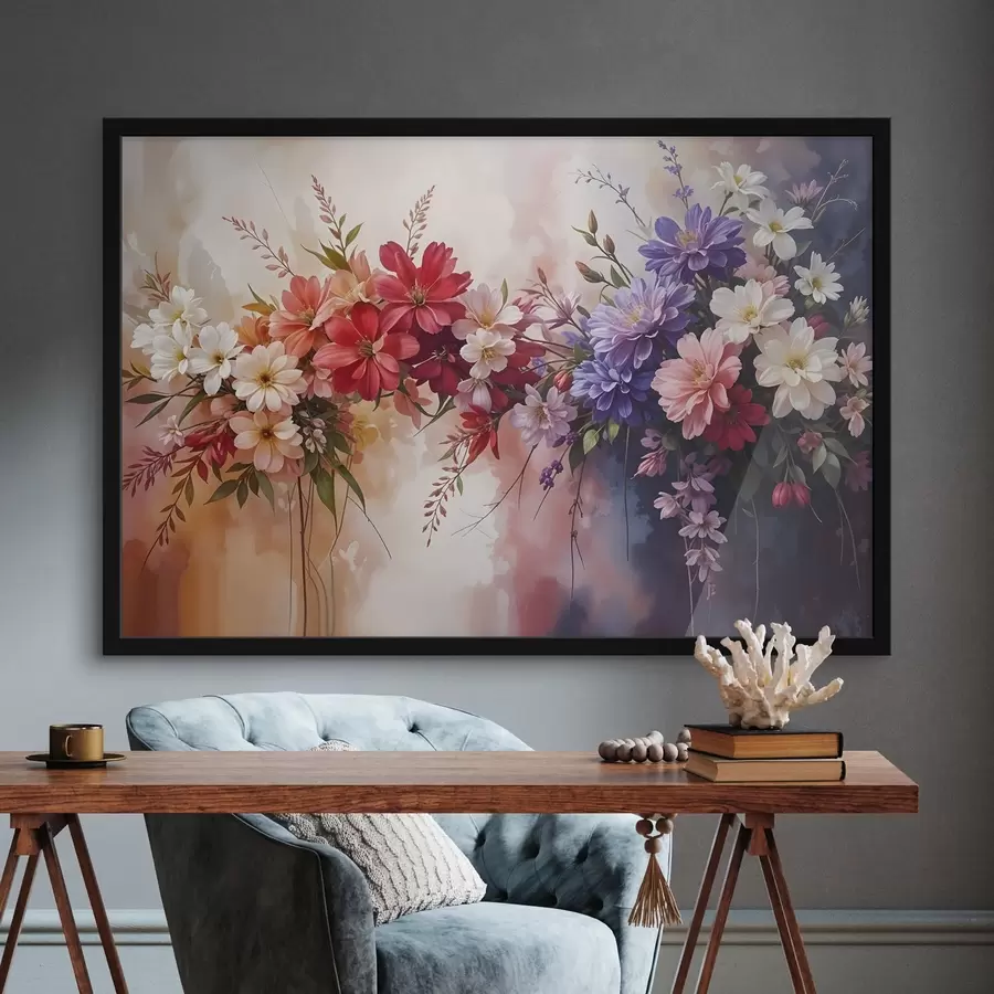 Fototapete Bunte Blumen, darunter rote, rosa und lila Dahlien, Gänseblümchen und andere Blüten vor einem weichen, unscharfen Hintergrund f42234