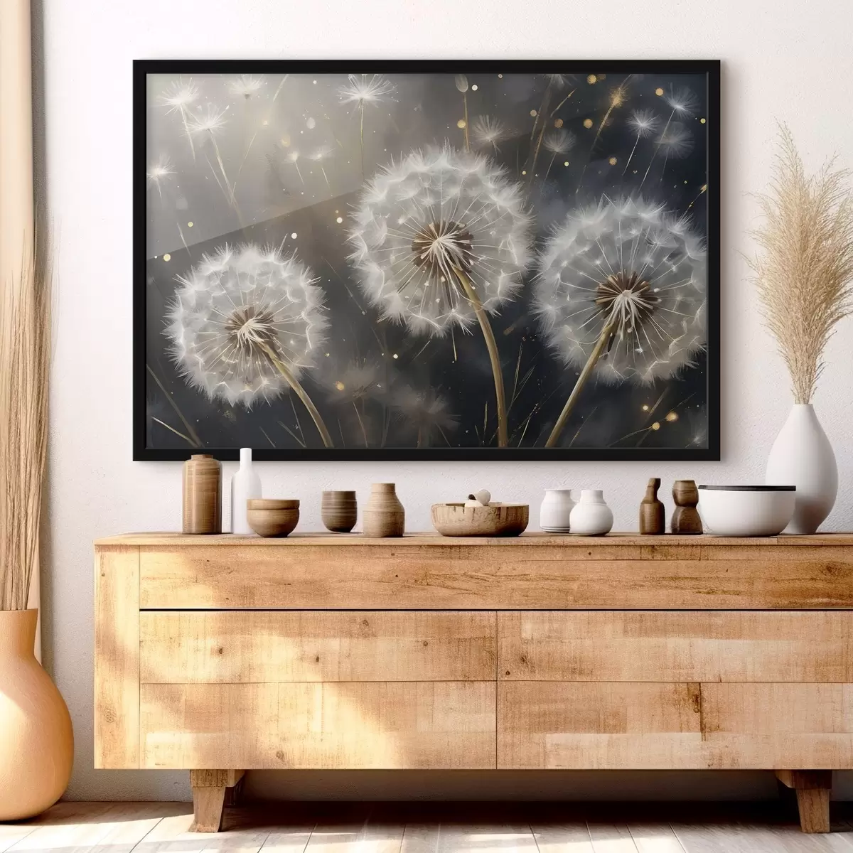 Poster Löwenzahnblüten mit ihren flauschigen weißen Samenköpfen vor einem dunklen Hintergrund, der eine magische Atmosphäre schafft f42235