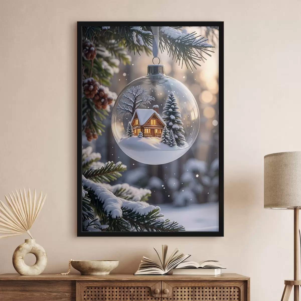 Poster Eine gläserne Weihnachtskugel mit einer verschneiten Winterlandschaft im Inneren, die eine gemütliche Hütte im Wald mit Tannenbäumen zeigt f42236