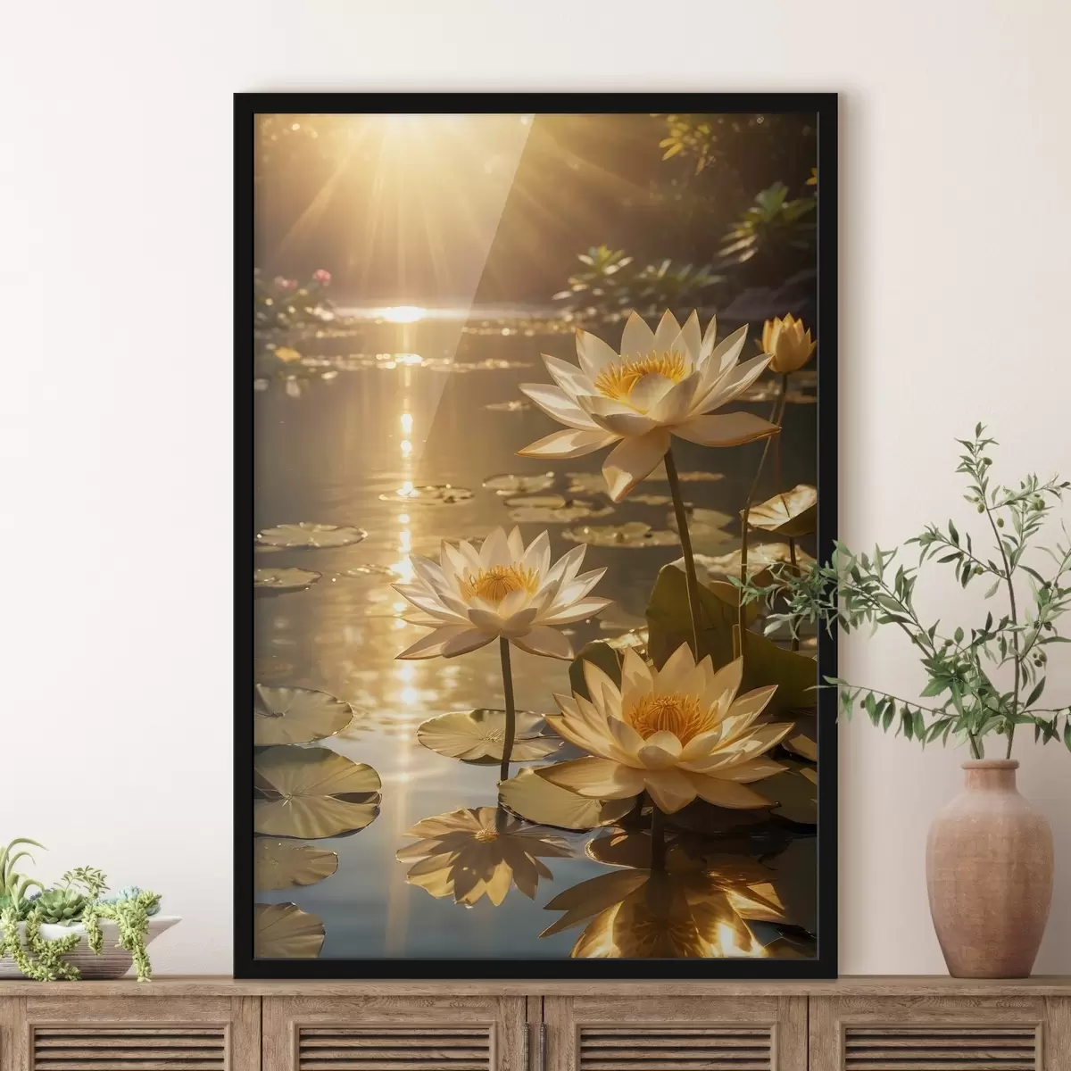 Poster Weiße Lotusblumen, die mit der Sonne auf einem ruhigen Teich schwimmen und eine heitere und ruhige Atmosphäre schaffen f42239
