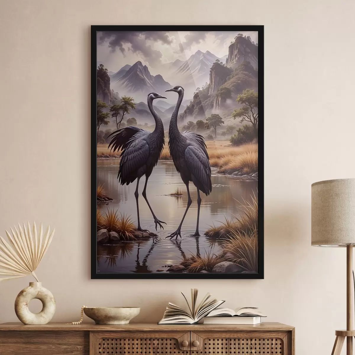 Poster Zwei große schwarze Kraniche, die in einem flachen Teich stehen, mit einer bergigen Landschaft im Hintergrund f42240