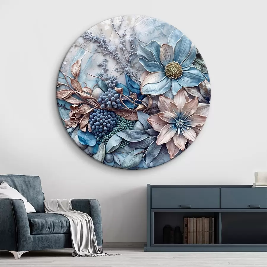 Wandbilder Detaillierte, strukturierte, abstrakte, üppige Blumen mit großen, leuchtend blauen und rosa Blumen, Beeren und anderen botanischen Elementen r42210