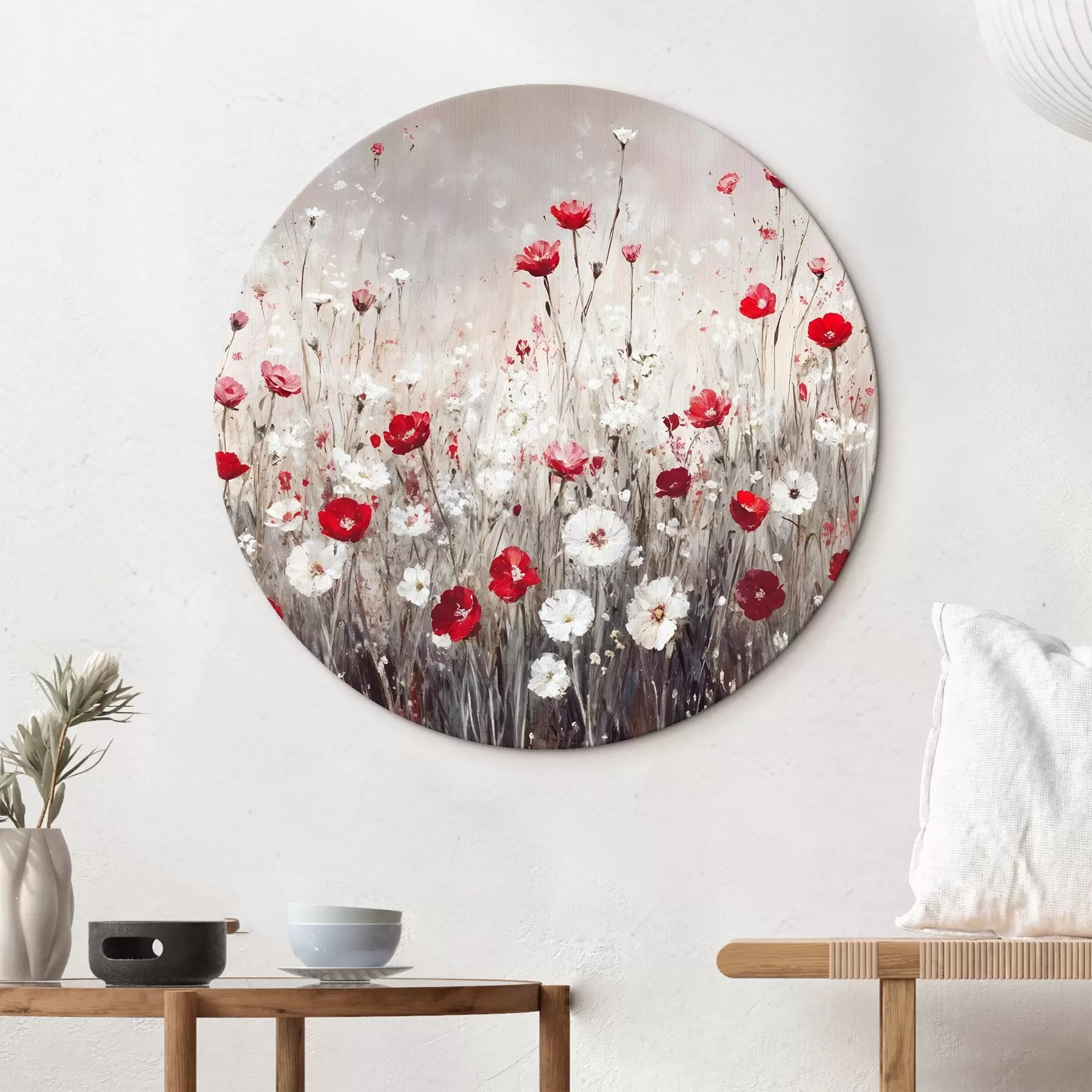 Wandbilder Abstrakte Nachahmung der Ölmalerei ein Feld von roten und weißen Mohnblumen und Gänseblümchen vor einem grauen strukturierten Hintergrund r42213