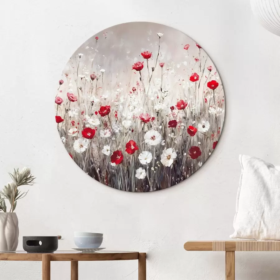 Wandbilder Abstrakte Nachahmung der Ölmalerei ein Feld von roten und weißen Mohnblumen und Gänseblümchen vor einem grauen strukturierten Hintergrund r42213