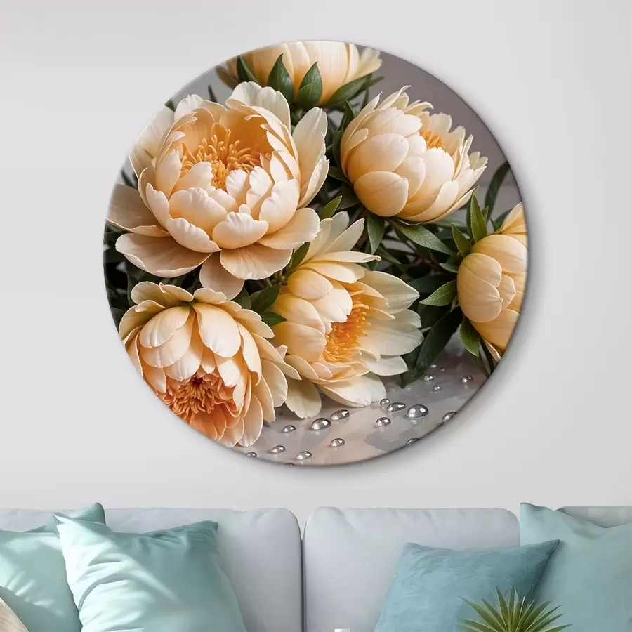 Wandbilder Cremefarbene detaillierte Pfingstrose Blumen mit dunkelgrünen Blättern auf einem grauen Hintergrund r42215