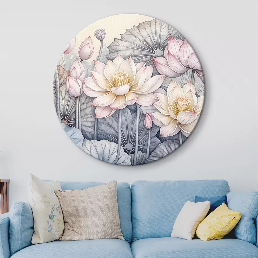 Wandbilder Große rosa und weiße Lotusblumen mit grünen Blättern und Stängeln auf einem hellen Hintergrund mit detaillierten Blütenblättern und Zentren r42221