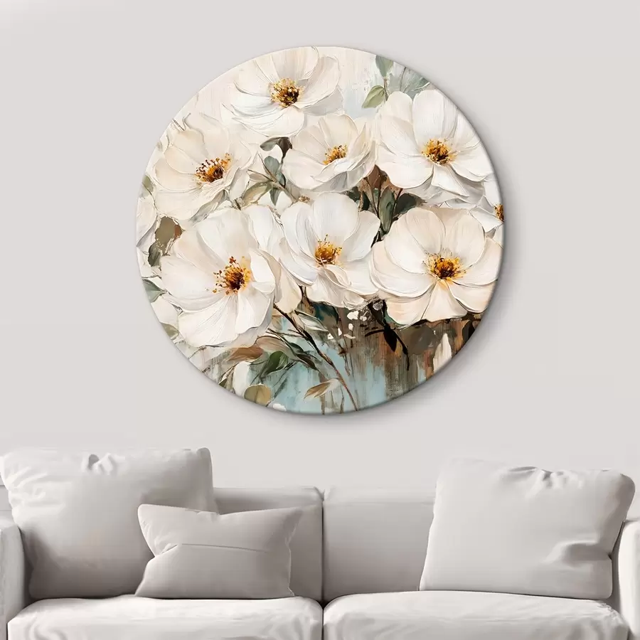 Fototapete Ein Strauß großer weißer Blumen in Ölmalerei Stil mit gelben Zentren vor einem hellen Hintergrund r42222