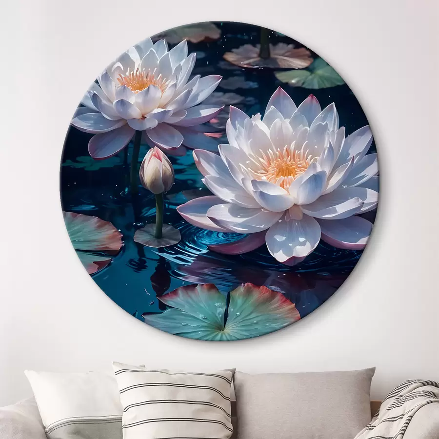 Wandbilder Weiße Lotosblüten schwimmen auf einem ruhigen Teich mit Seerosenblättern r42225