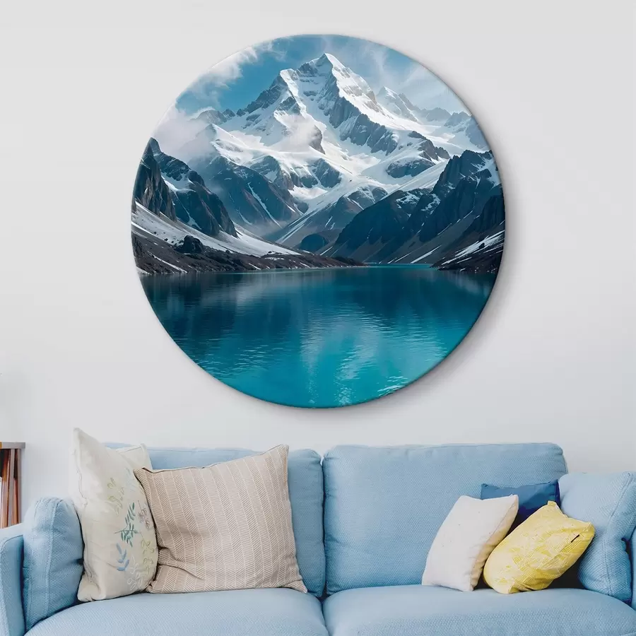 Wandbilder Ein schneebedeckter Berggipfel, der sich in einem ruhigen türkisfarbenen See spiegelt, umgeben von felsigem Gelände und dramatischen Wolken r42232