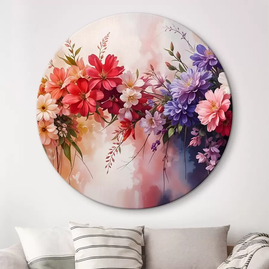 Wandbilder Bunte Blumen, darunter rote, rosa und lila Dahlien, Gänseblümchen und andere Blüten vor einem weichen, unscharfen Hintergrund r42234