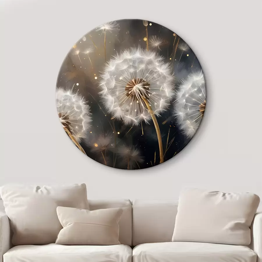 Wandbilder Löwenzahnblüten mit ihren flauschigen weißen Samenköpfen vor einem dunklen Hintergrund, der eine magische Atmosphäre schafft r42235
