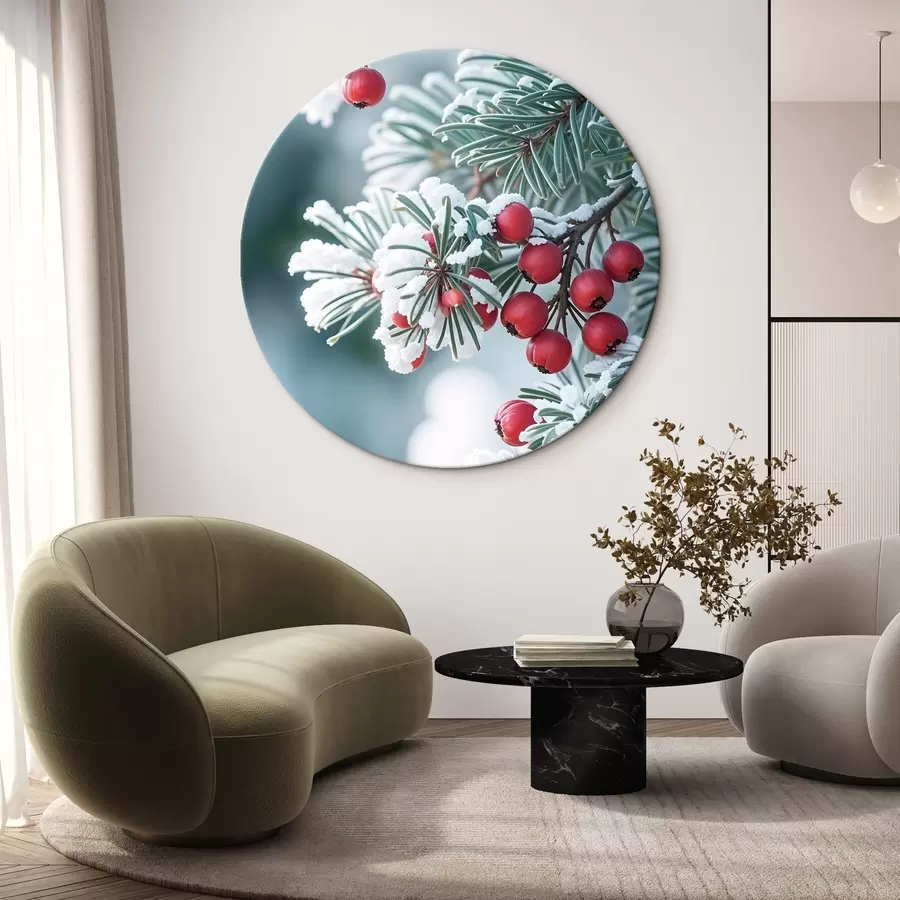 Wandbilder Verschneiter Tannenzweig mit roten Beeren, Winterszene r42238