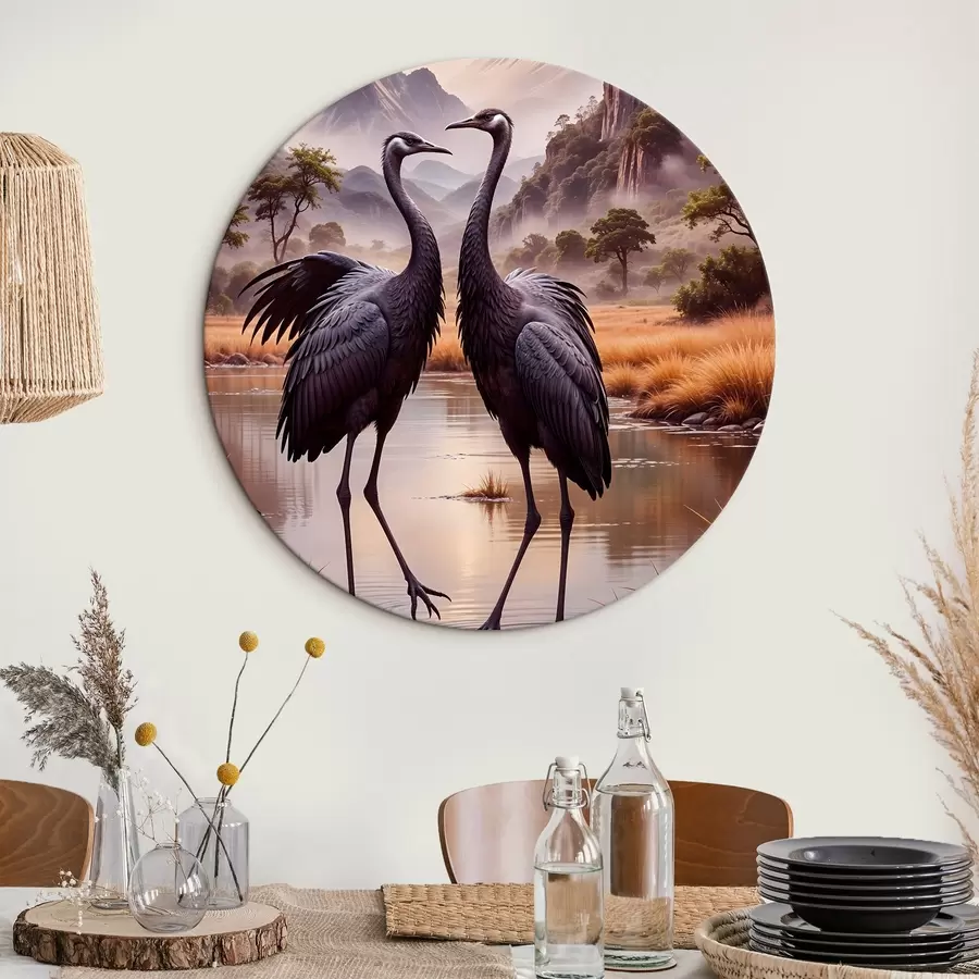 Wandbilder Zwei große schwarze Kraniche, die in einem flachen Teich stehen, mit einer bergigen Landschaft im Hintergrund r42240