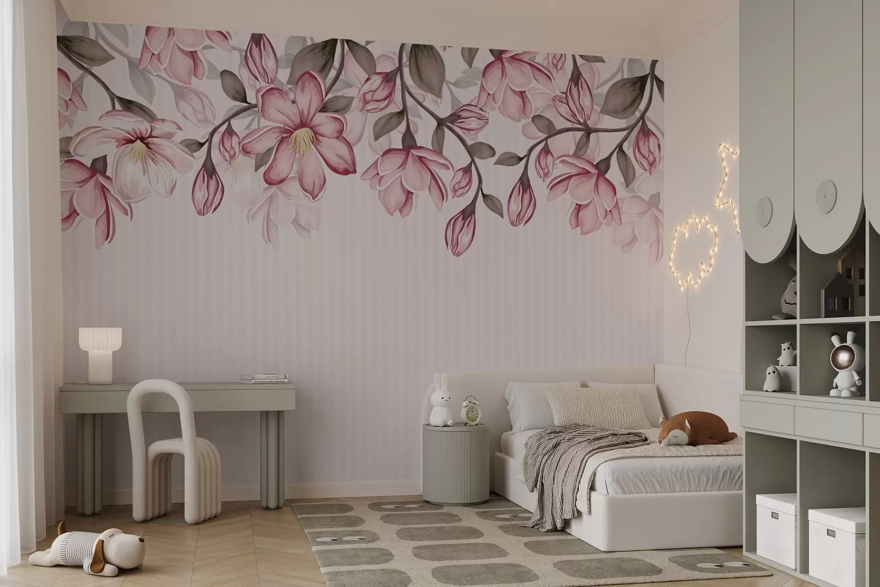 Fototapete rosa Blumen auf gestreiftem Hintergrund w02664