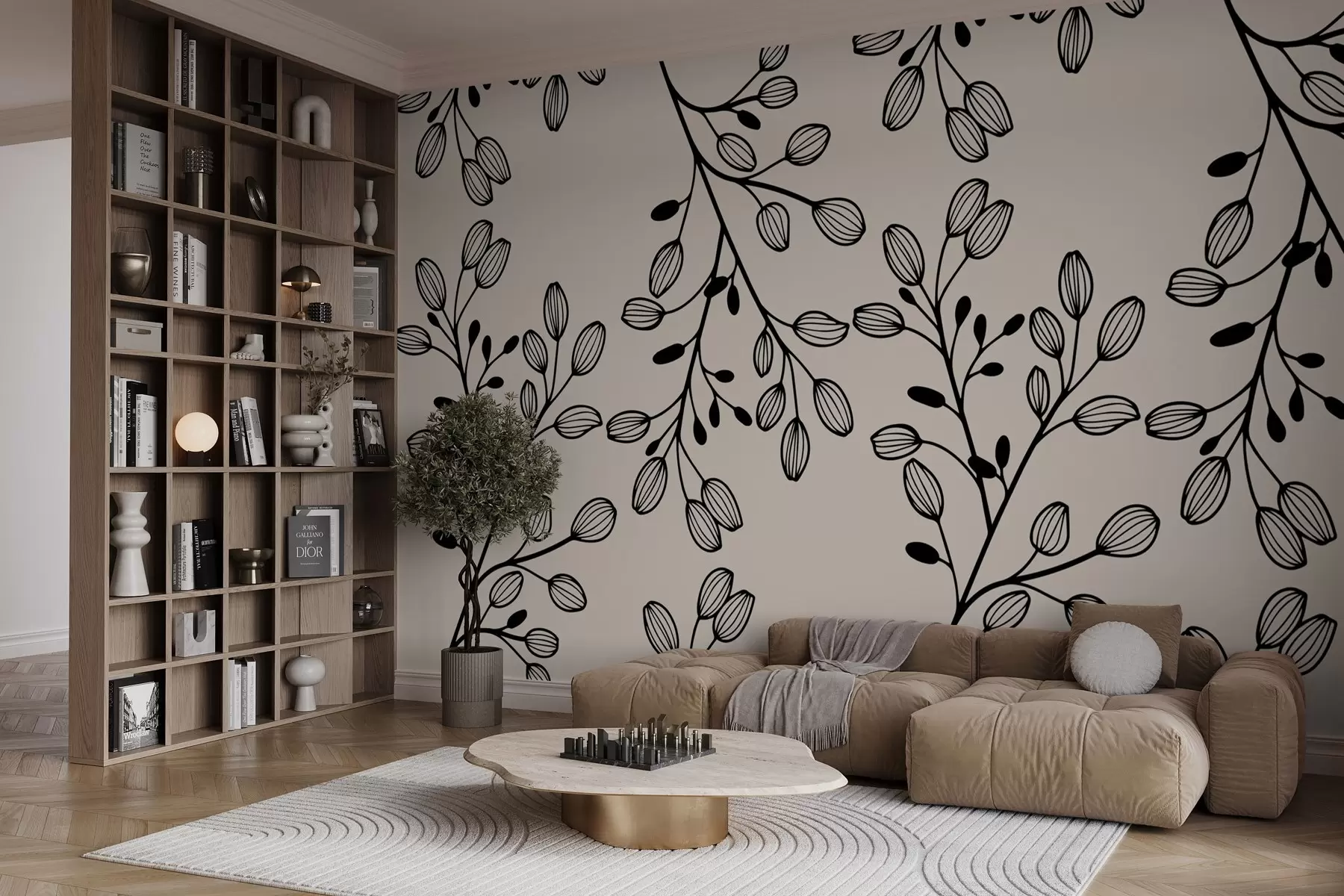 Fototapete gemalte Zweige auf beigem Hintergrund w02665