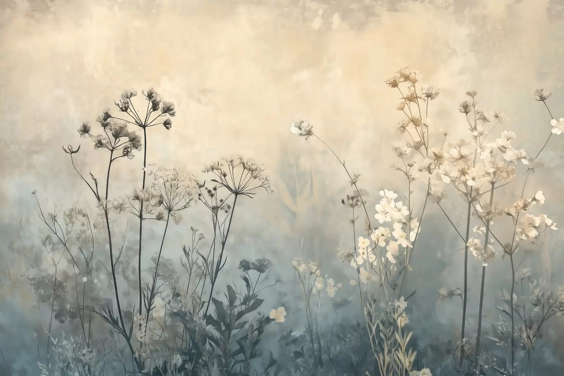 Fototapete tapete im Öko-Stil mit Wildblumen und Pflanzen auf strukturiertem Hintergrund w02685