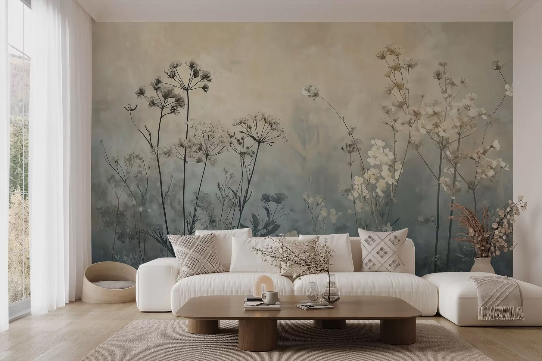 Fototapete tapete im Öko-Stil mit Wildblumen und Pflanzen auf strukturiertem Hintergrund w02685