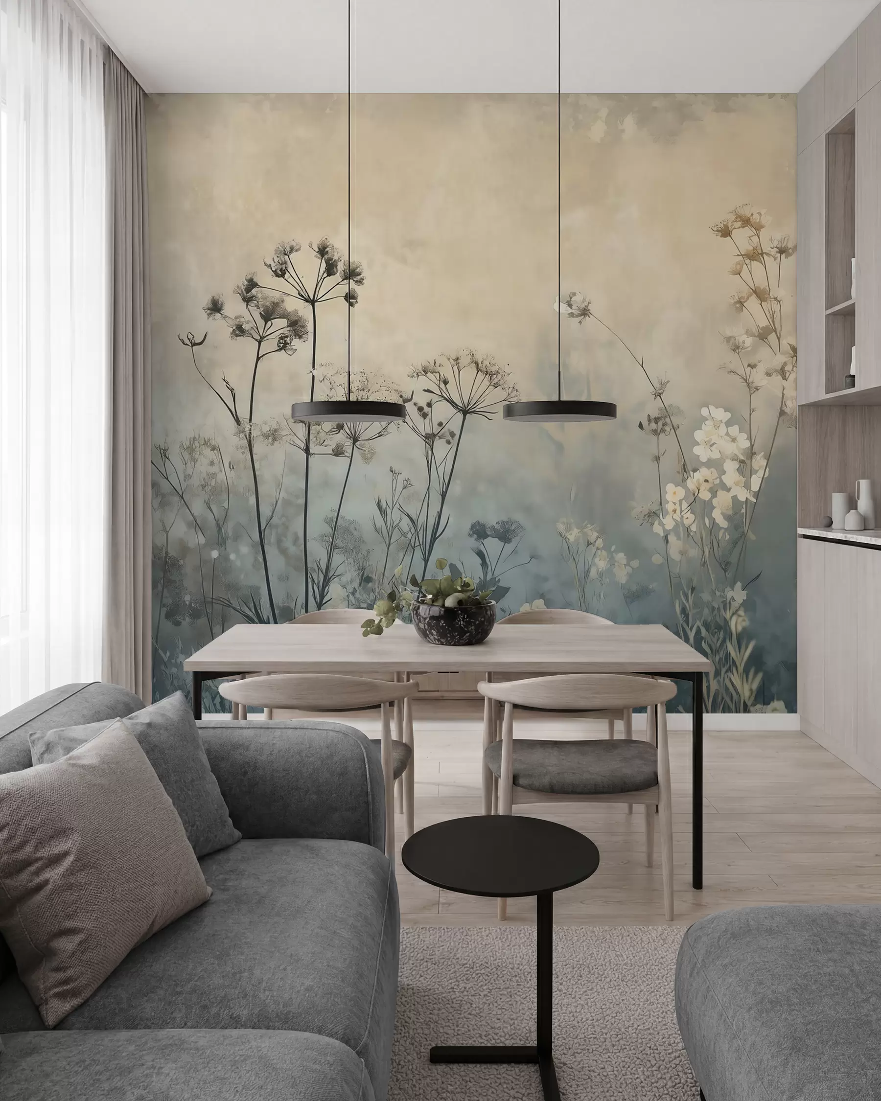Fototapete tapete im Öko-Stil mit Wildblumen und Pflanzen auf strukturiertem Hintergrund w02685