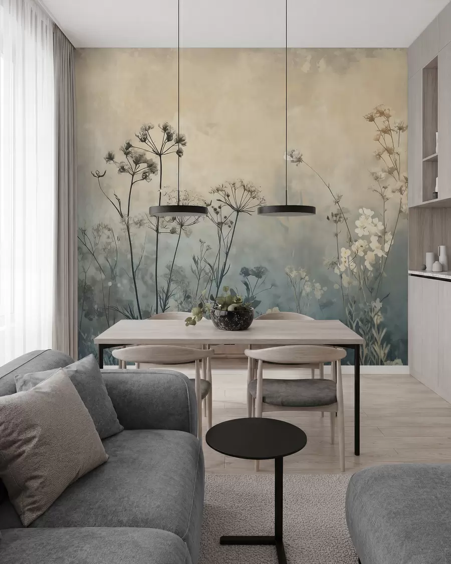 Fototapete tapete im Öko-Stil mit Wildblumen und Pflanzen auf strukturiertem Hintergrund w02685