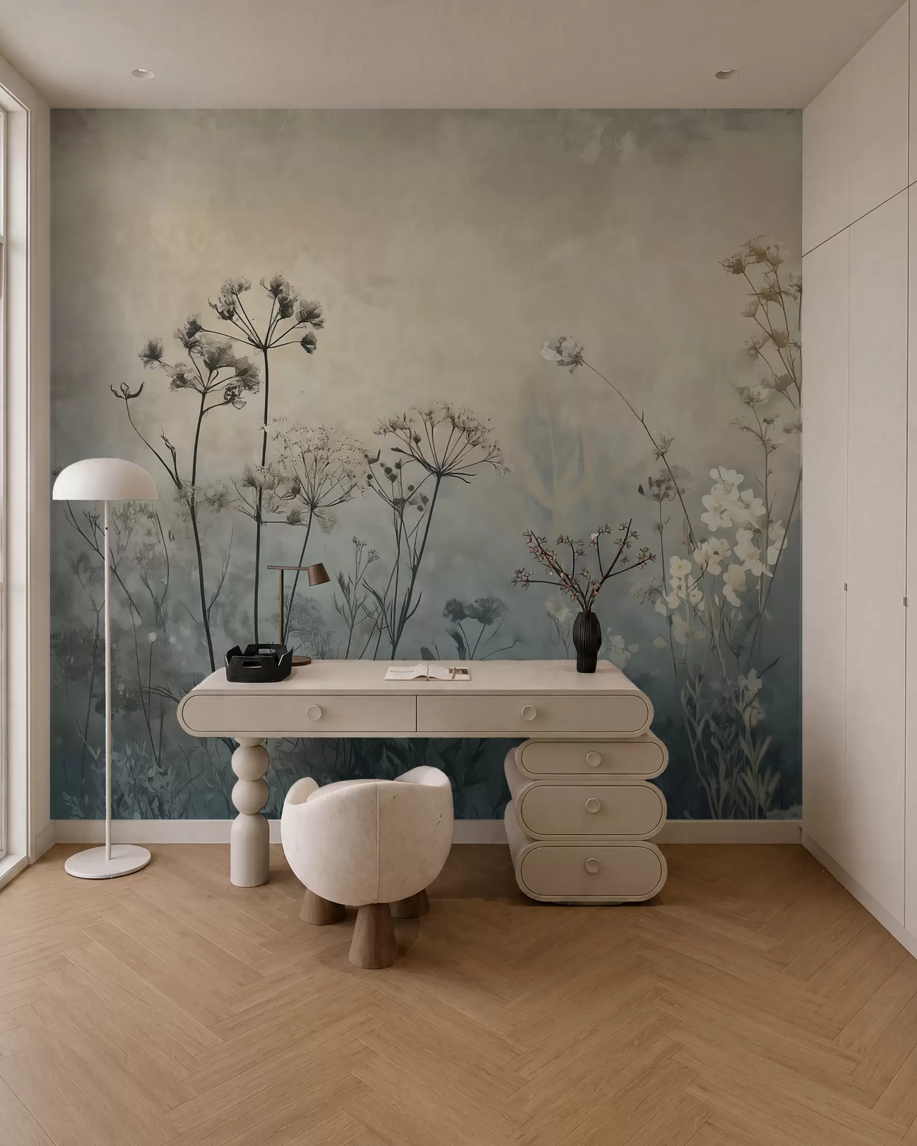 Fototapete tapete im Öko-Stil mit Wildblumen und Pflanzen auf strukturiertem Hintergrund w02685