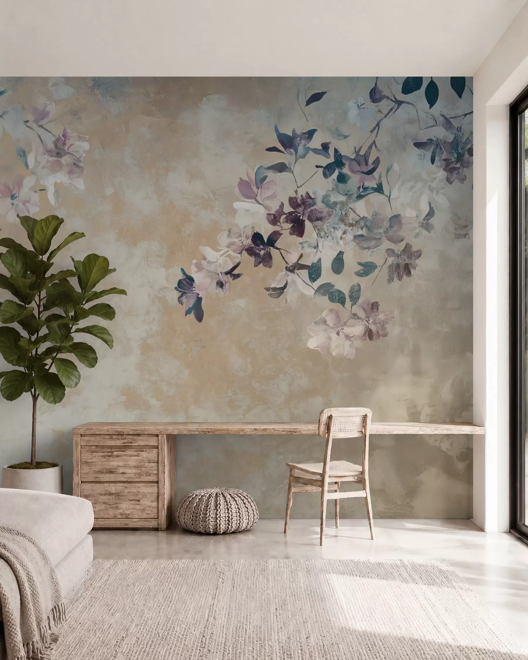 Fototapete retro-Stil Tapete mit Zweigen und Blumen w02686