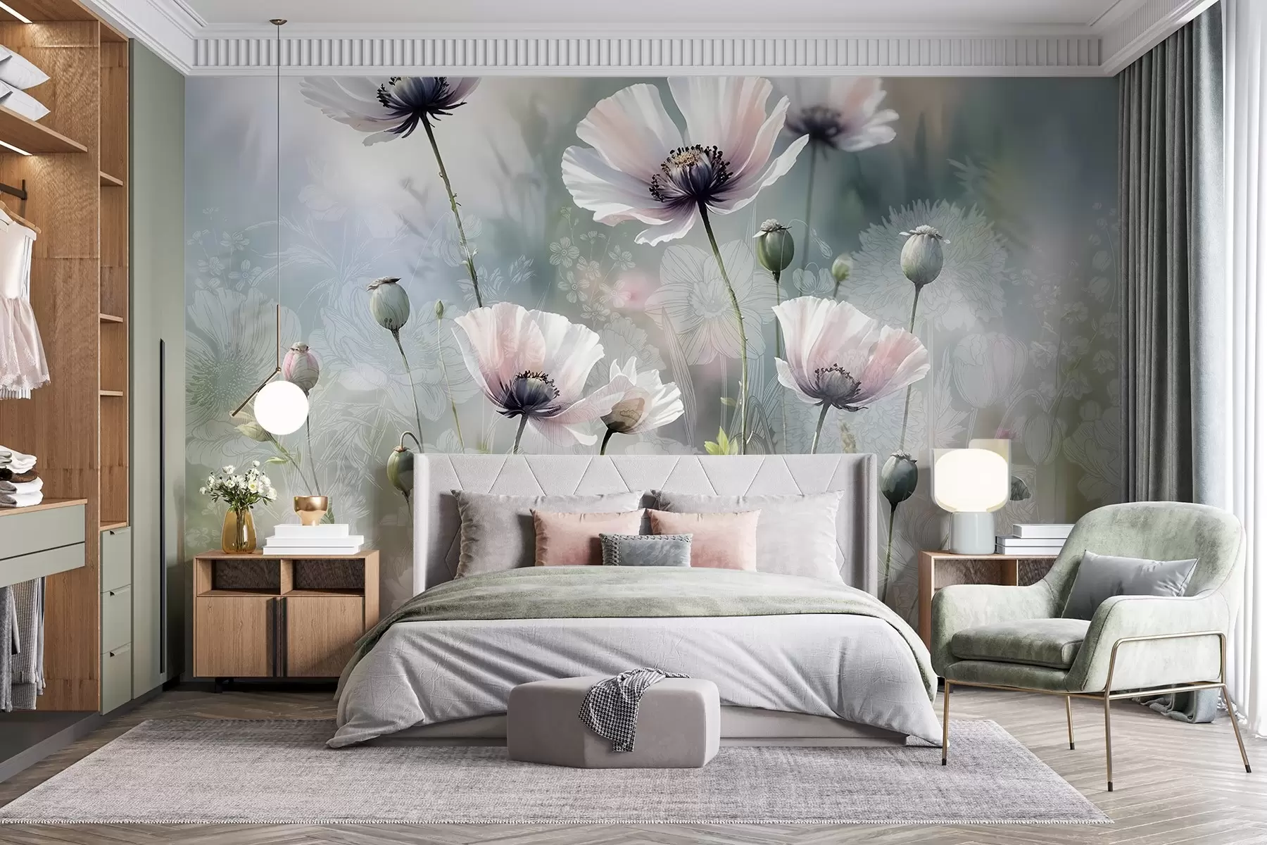 Fototapete Zarte rosa und lila Mohnblumen mit grünen Stängeln und Knospen vor einem weichen, verschwommenen, strukturierten Hintergrund w08585