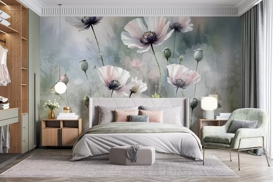 Fototapete Zarte rosa und lila Mohnblumen mit grünen Stängeln und Knospen vor einem weichen, verschwommenen, strukturierten Hintergrund w08585